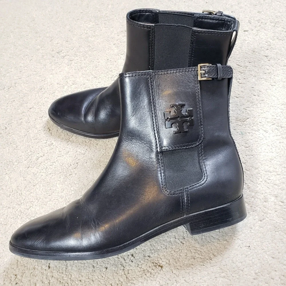 Tory Burch Womens Boots 9.5M Wyatt Mid-Calf Ankle Bootie Black Leather Buckle‎